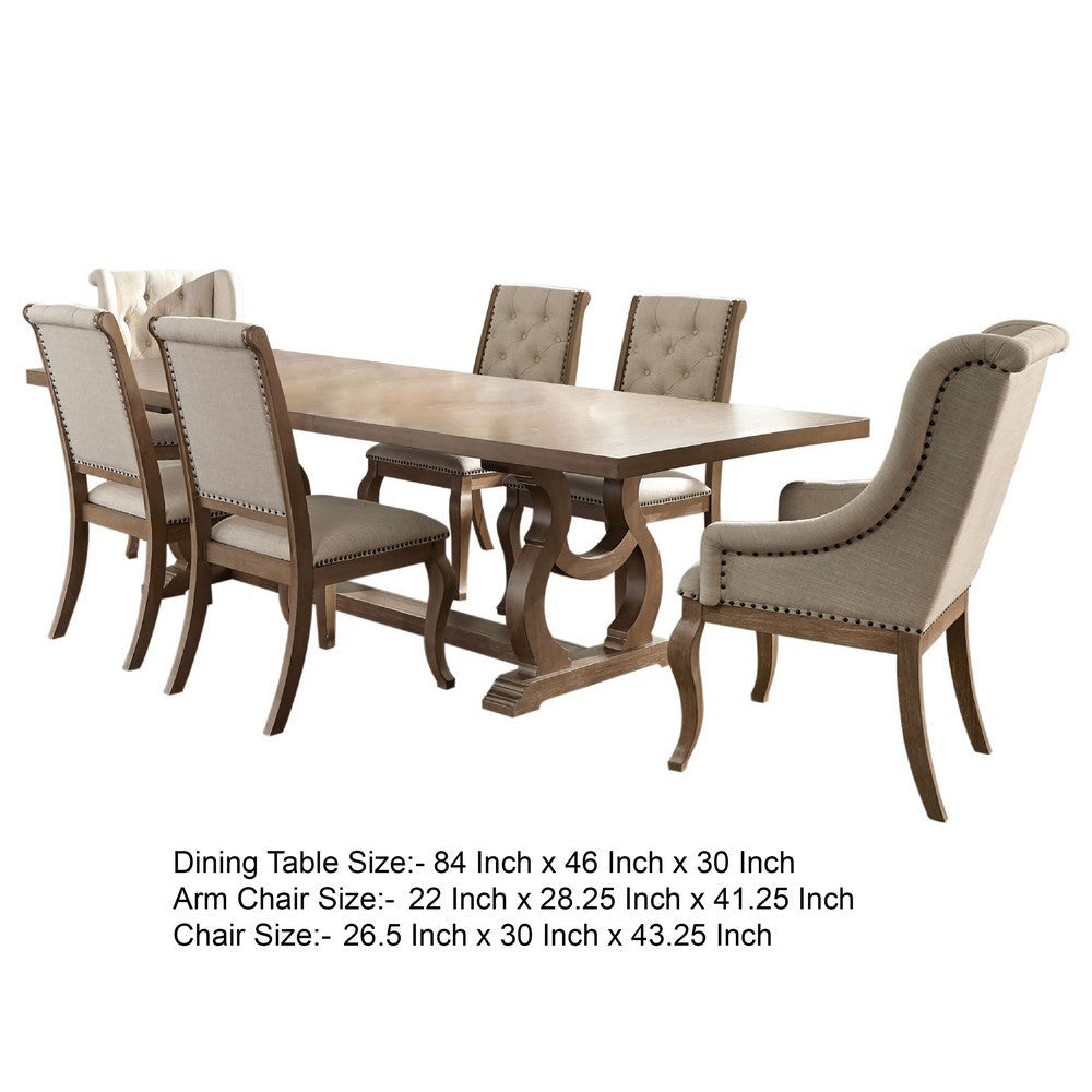 Sev 7pc Dining Table Set | 84-104’’ Top | 6 Cream Fabric Chairs | Barley Brown BM338073