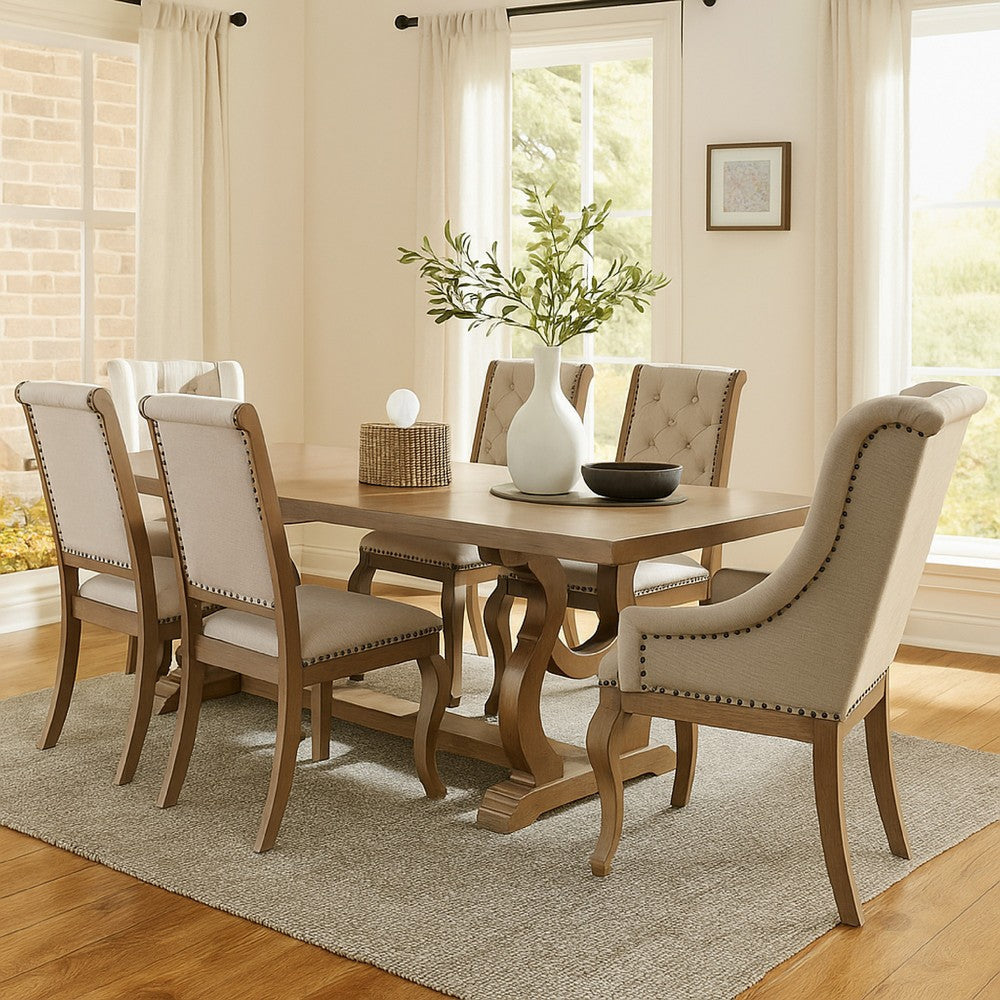 Sev 7pc Dining Table Set | 84-104" Top | 6 Cream Fabric Chairs | Barley Brown