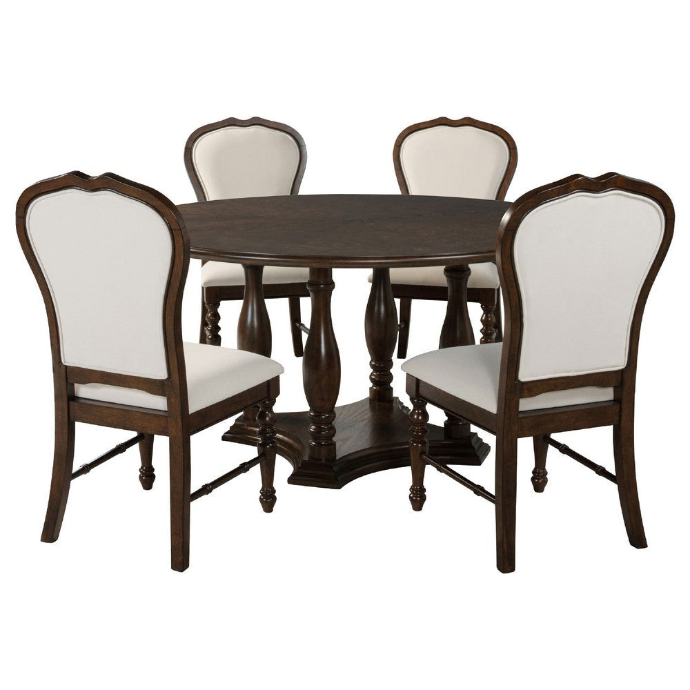 Monta 5pc Round Dining Table Set, Ivory Fabric, Cherry Brown Wood