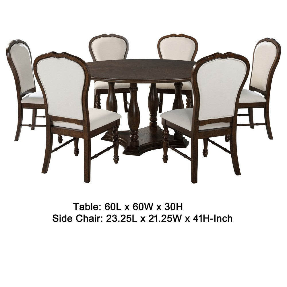 Monta 7pc Round Dining Table Set Ivory Fabric Cherry Brown Wood BM338079