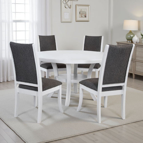 Judy 5pc Round Dining Table Set | Flared Legs | Gray Fabric | White