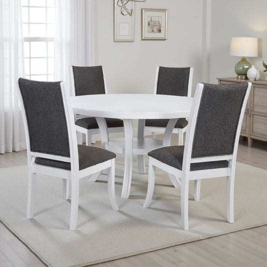 Judy 5pc Round Dining Table Set | Flared Legs | Gray Fabric | White