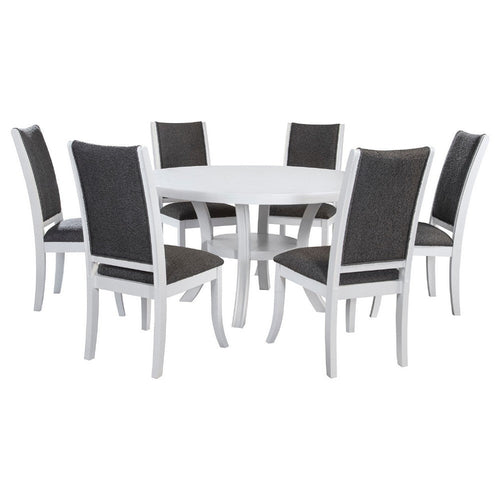 Judy 7pc Round Dining Table Set | Flared Legs | Gray Fabric | White