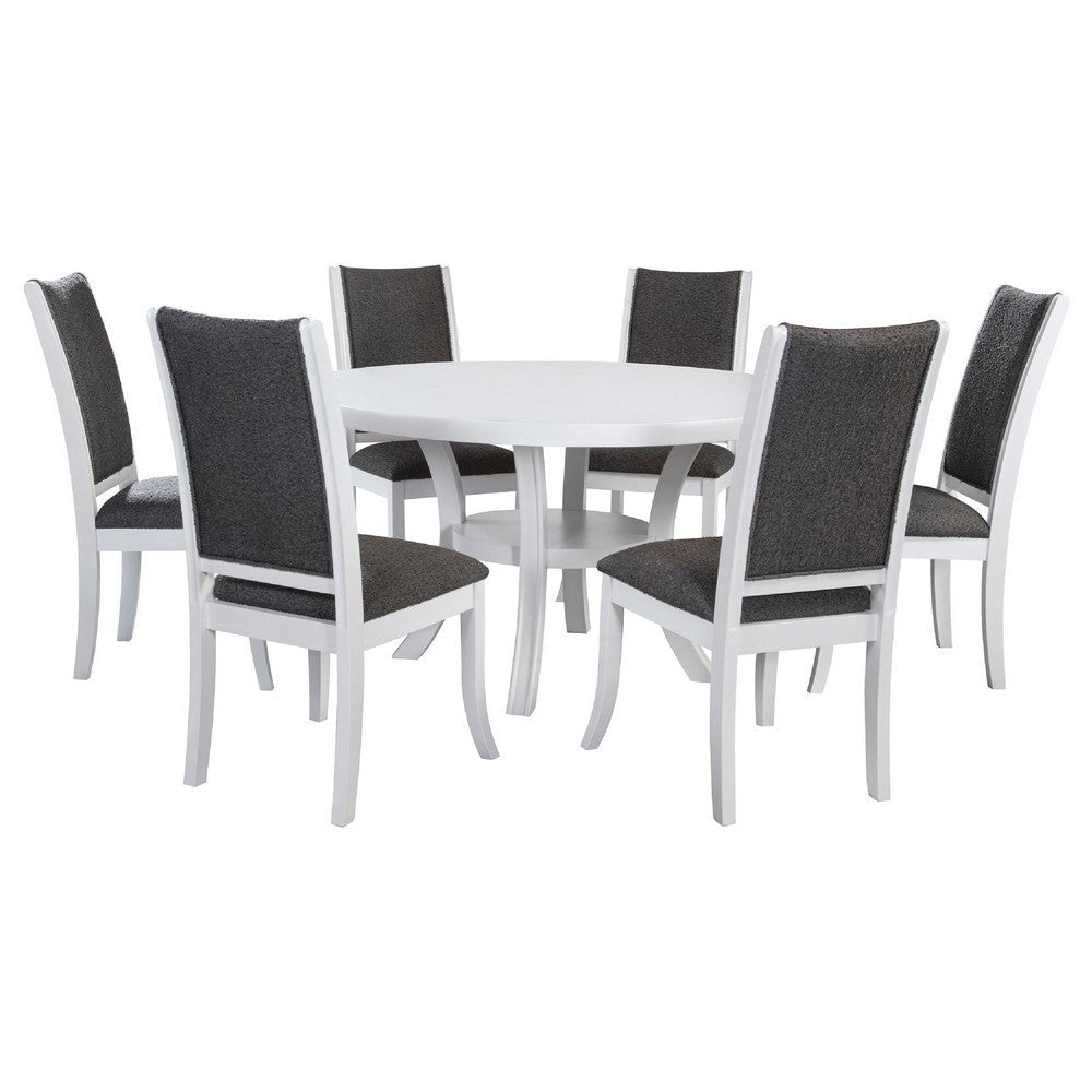 Judy 7pc Round Dining Table Set | Flared Legs | Gray Fabric | White