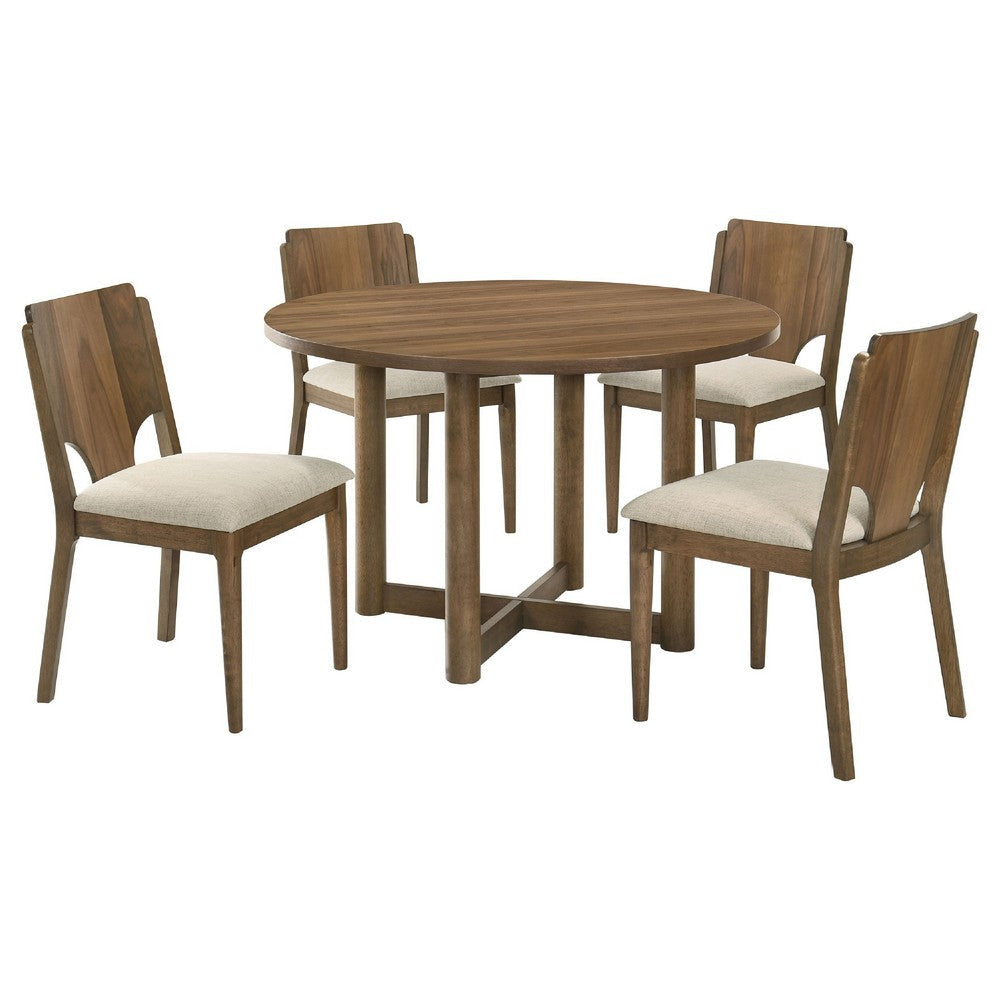 Billie 5pc Round Dining Table and 4 Chairs Set | Walnut Brown & Beige