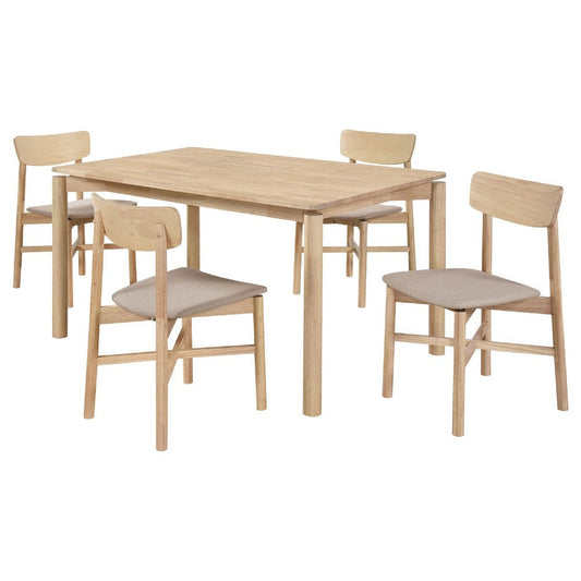 Rida 5pc Dining Table Set w 4 Tan Brown Upholstered Chairs | White Washed