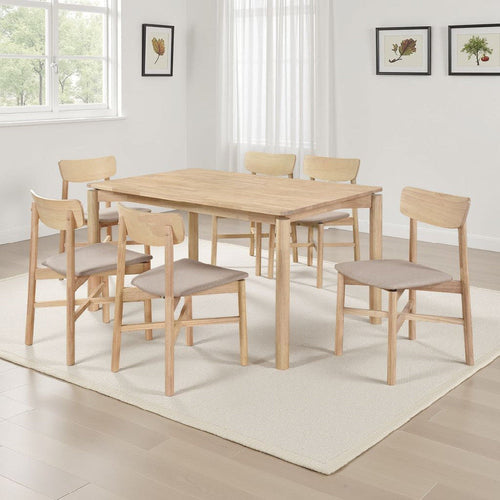 Rida 7pc Dining Table Set w 6 Tan Brown Upholstered Chairs | White Washed