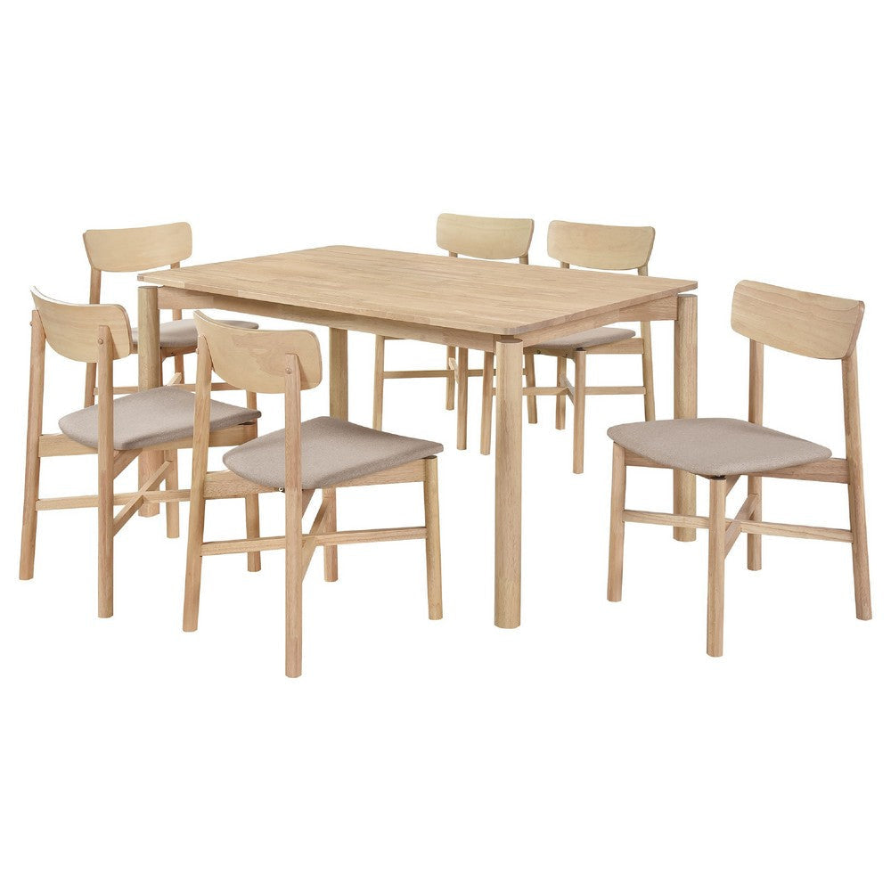 Rida 7pc Dining Table Set w 6 Tan Brown Upholstered Chairs | White Washed