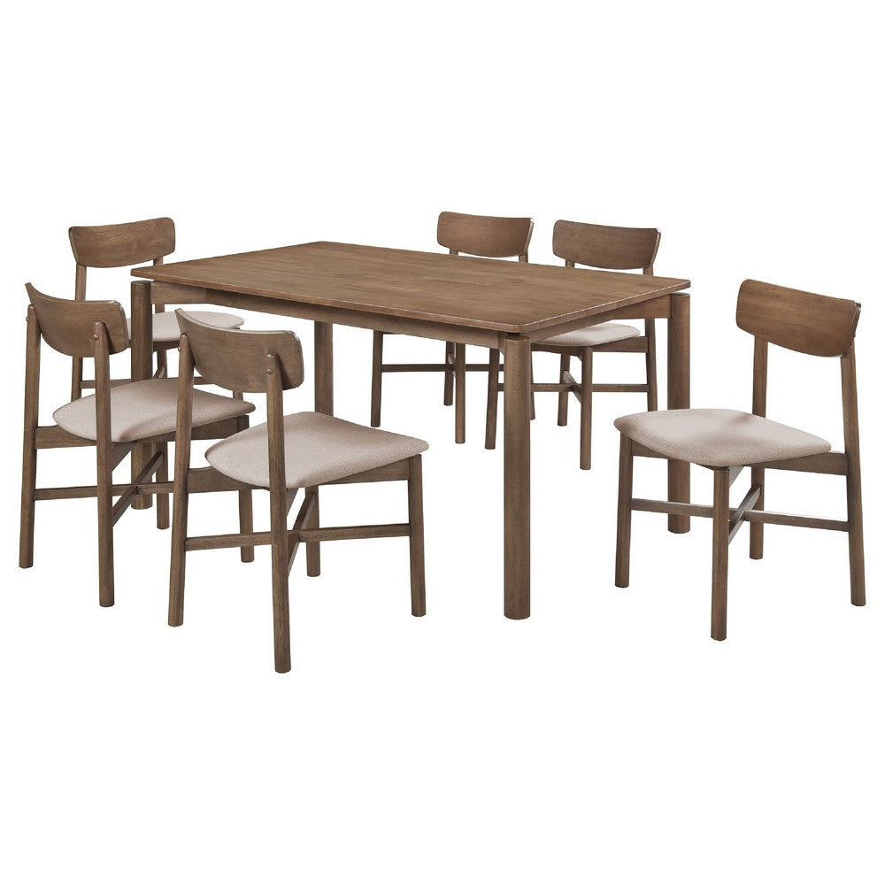 Rida 7pc Dining Table Set w 6 Upholstered Chairs | Natural Walnut Brown