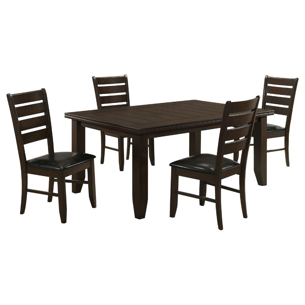 Diyi 5pc Dining Table & 4 Chairs Set w Ladder Back | Brown Faux Leather