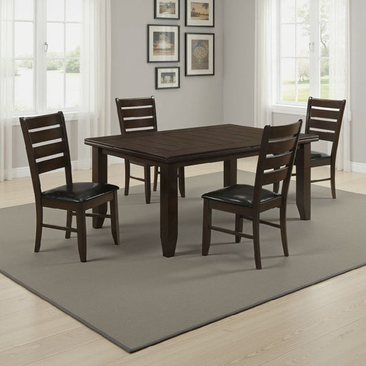 Diyi 5pc Dining Table & 4 Chairs Set w Ladder Back | Brown Faux Leather