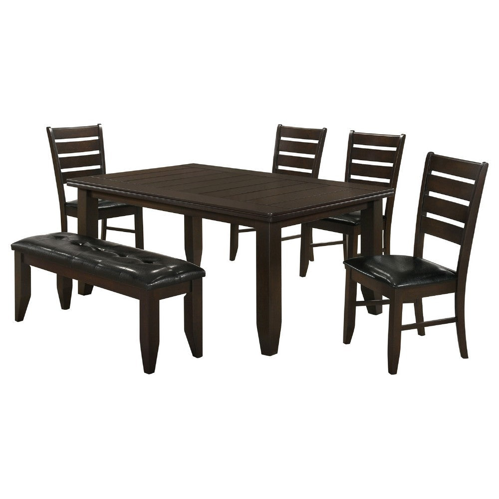 Diyi 6pc Dining Table 4 Chairs and Bench Set | Brown Faux Leather