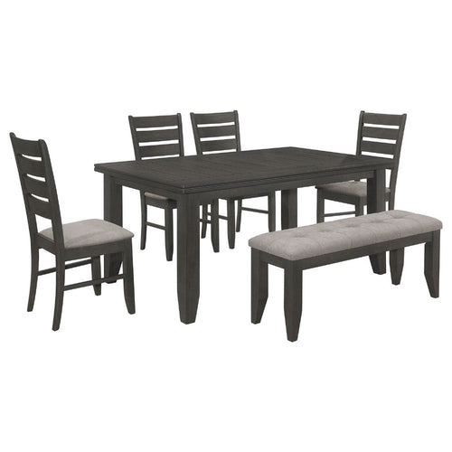Diyi 6pc Dining Table,  Bench, and 4 Chairs Set w Dark Gray Seats