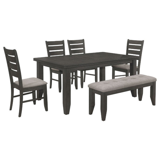 Diyi 6pc Dining Table,  Bench, and 4 Chairs Set w Dark Gray Seats