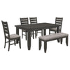 Diyi 6pc Dining Table,  Bench, and 4 Chairs Set w Dark Gray Seats