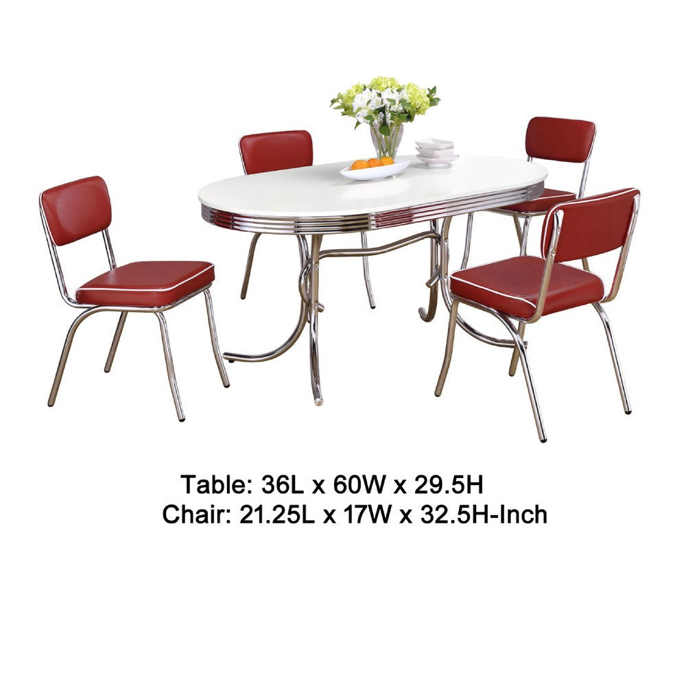 Loy 5pc Dining Table & Chair Set | Red Faux Leather | Retro White Oval BM338102