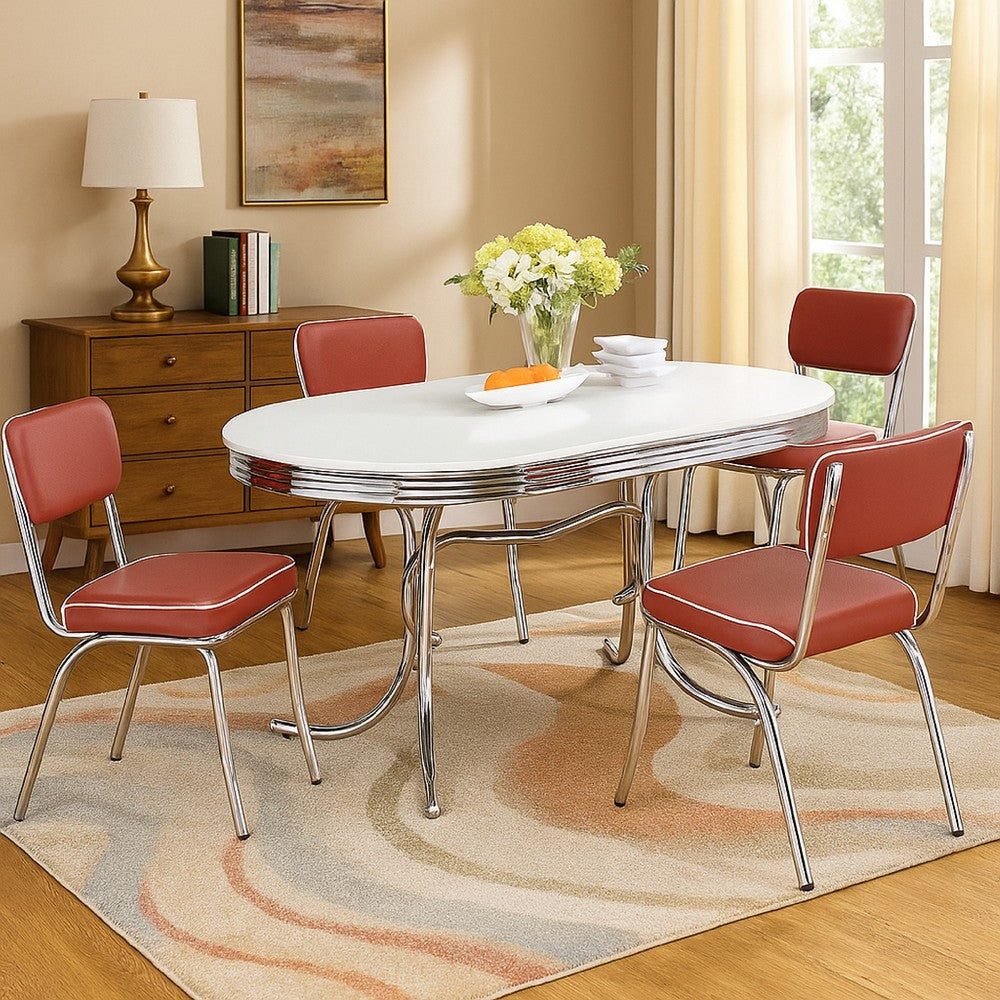 Loy 5pc Dining Table & Chair Set | Red Faux Leather | Retro White Oval
