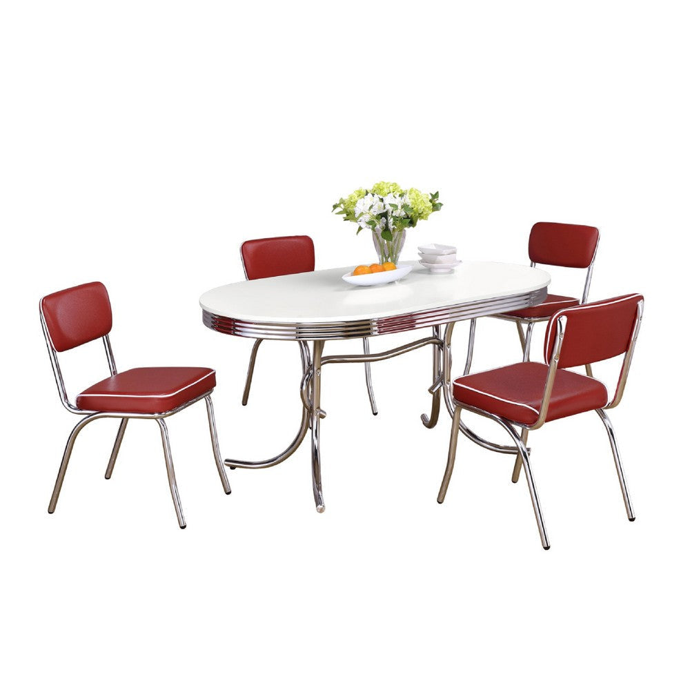 Loy 5pc Dining Table & Chair Set | Red Faux Leather | Retro White Oval BM338102