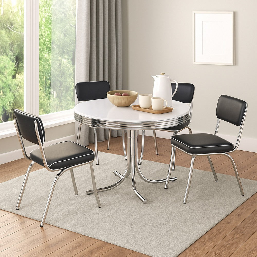 Loy 5pc Dining Table & Chair Set | Black Faux Leather | Retro White Round