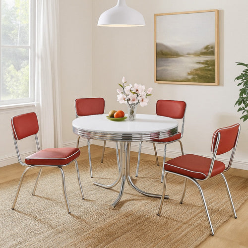 Loy 5pc Dining Table & Chairs Set | Red Faux Leather | Retro White Round