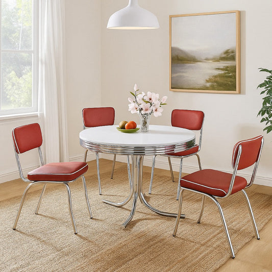 Loy 5pc Dining Table & Chairs Set | Red Faux Leather | Retro White Round