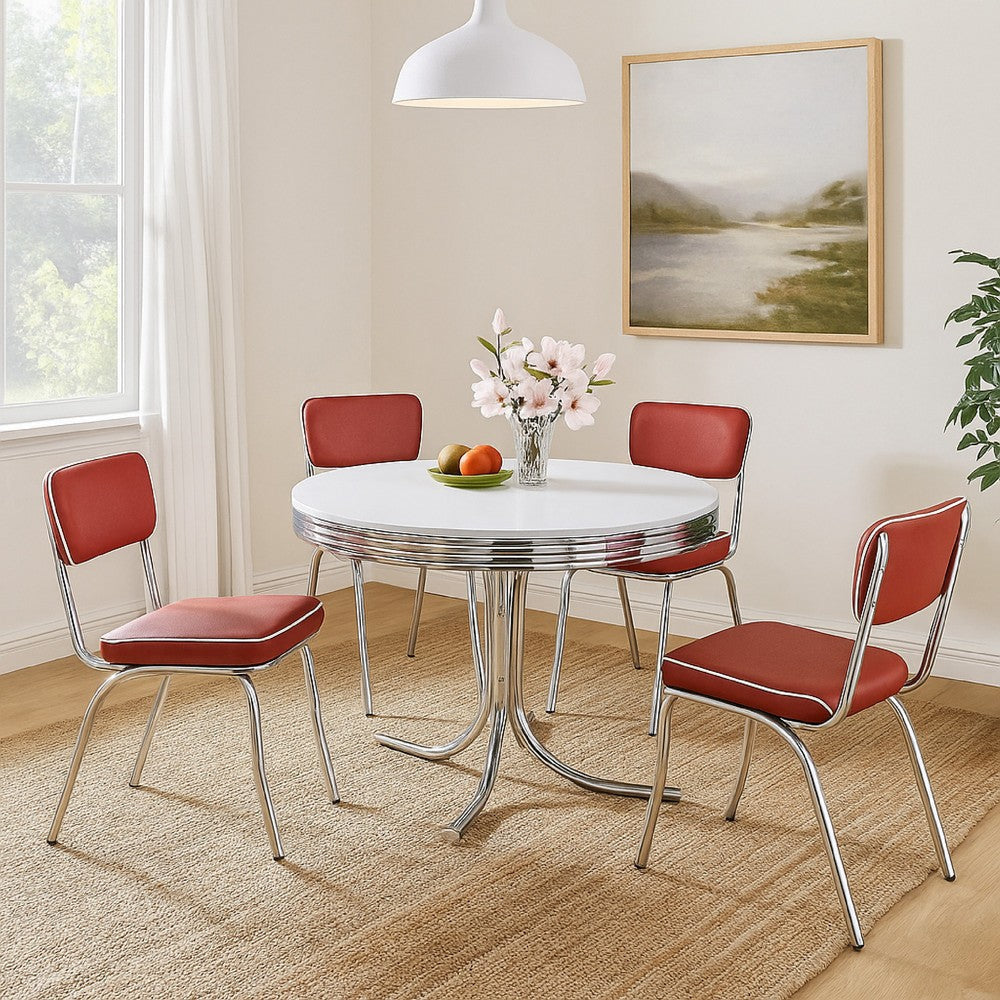 Loy 5pc Dining Table & Chairs Set | Red Faux Leather | Retro White Round