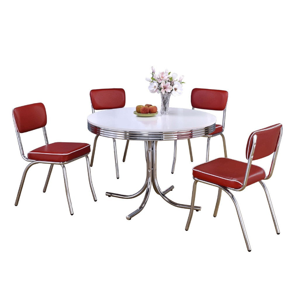Loy 5pc Dining Table & Chairs Set | Red Faux Leather | Retro White Round BM338104