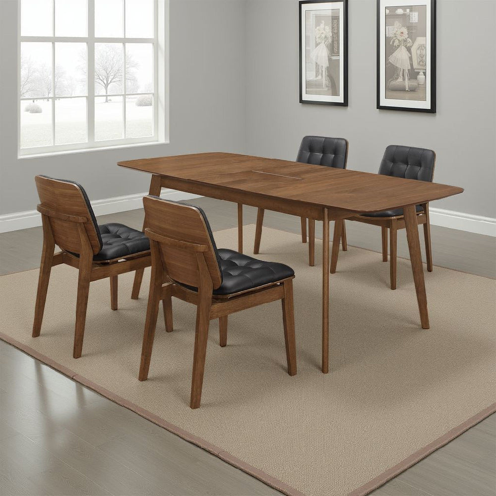 Bera 5pc Dining Set w Chairs | 59-75" | Walnut Brown | Black Faux Leather