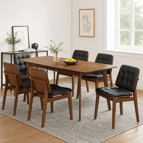 Bera 7pc Dining Set w Chairs | 59-75" | Walnut Brown | Black Faux Leather
