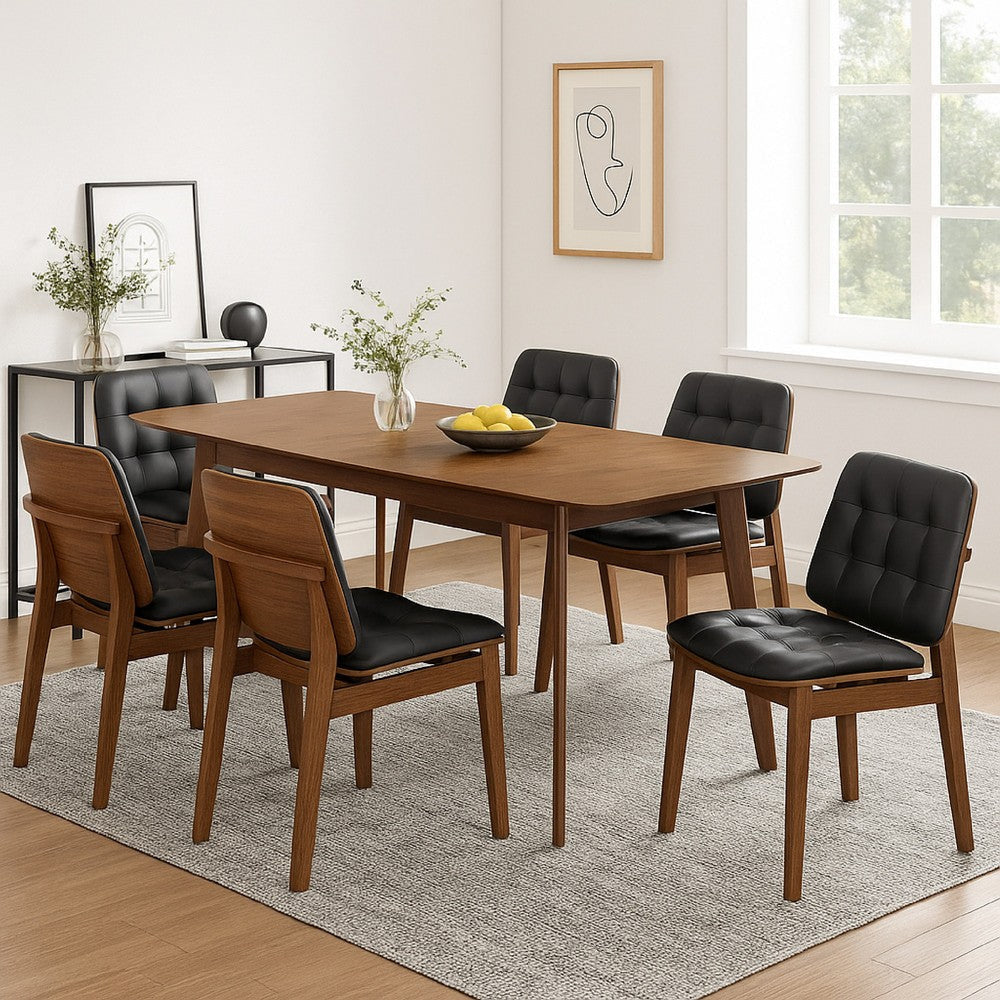 Bera 7pc Dining Set w Chairs | 59-75" | Walnut Brown | Black Faux Leather