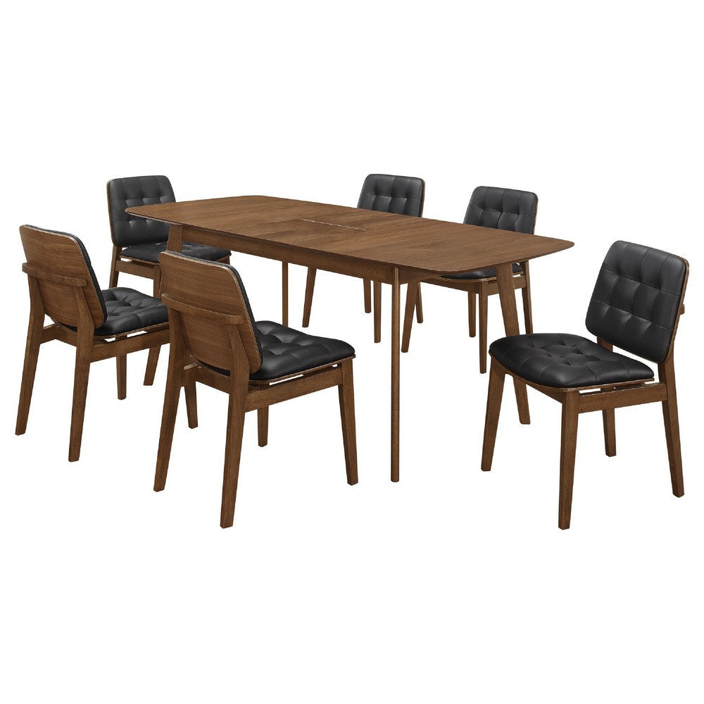 Bera 7pc Dining Set w Chairs | 59-75’’ | Walnut Brown | Black Faux Leather BM338116