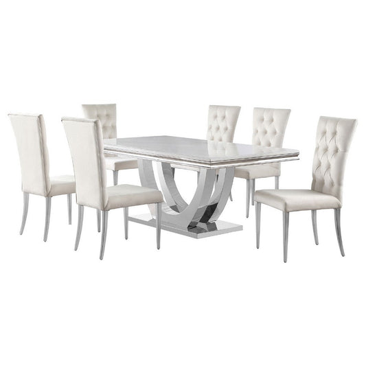 Kery 7pc Dining Table Set | Modern White Faux Marble | 6 Side Chairs