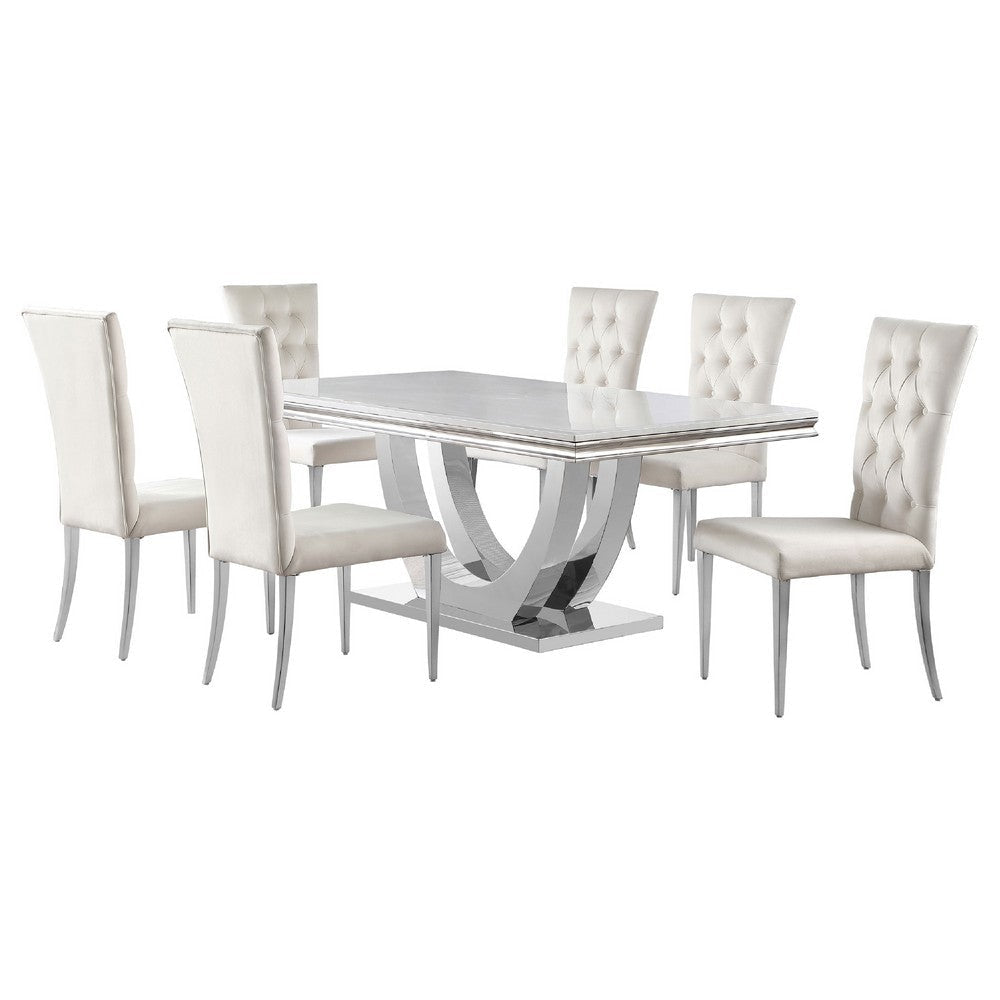 Kery 7pc Dining Table Set | Modern White Faux Marble | 6 Side Chairs
