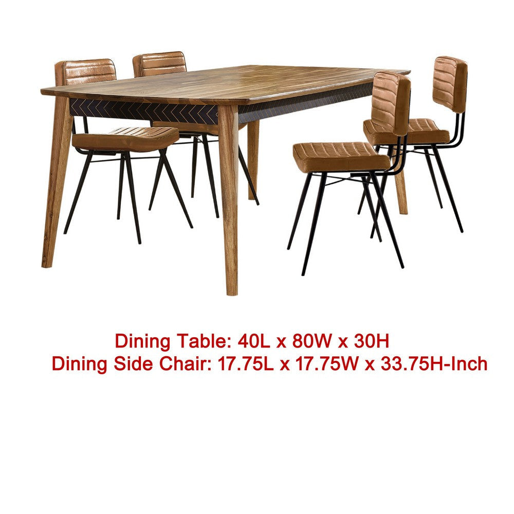 Hom 5pc Dining Table Set | Natural Sheesham Top | Camel Brown Leather BM338127
