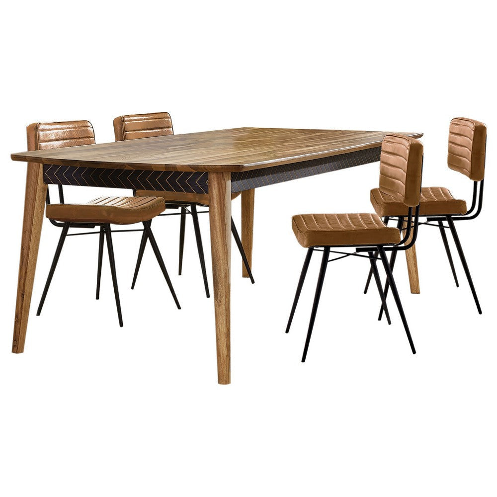 Hom 5pc Dining Table Set | Natural Sheesham Top | Camel Brown Leather