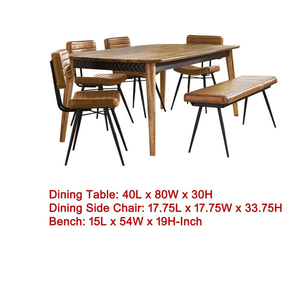 Hom 6pc Dining Table Set | Natural Sheesham Top | Camel Brown Leather BM338128