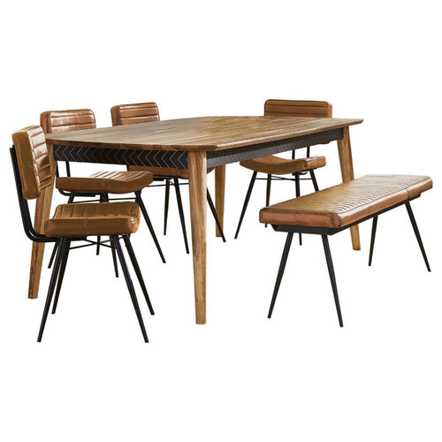 Hom 6pc Dining Table Set | Natural Sheesham Top | Camel Brown Leather