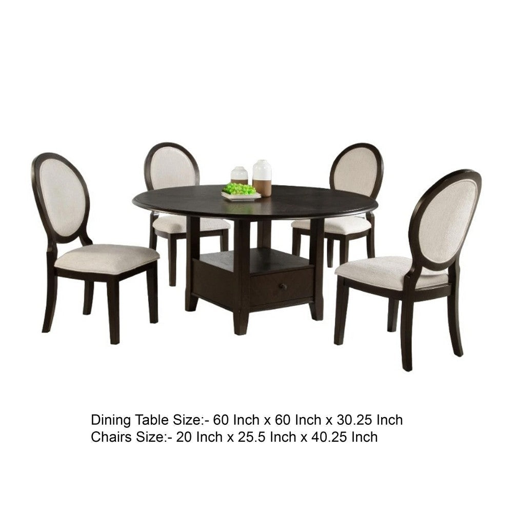 Tipa 5pc Dining Table Set | Dark Brown Round Wood Top | Storage Base BM338129