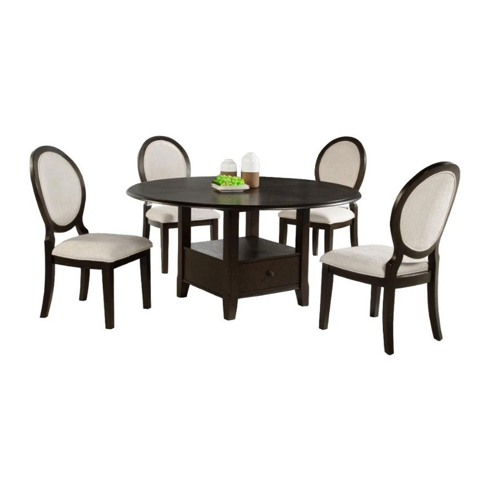 Tipa 5pc Dining Table Set | Dark Brown Round Wood Top | Storage Base