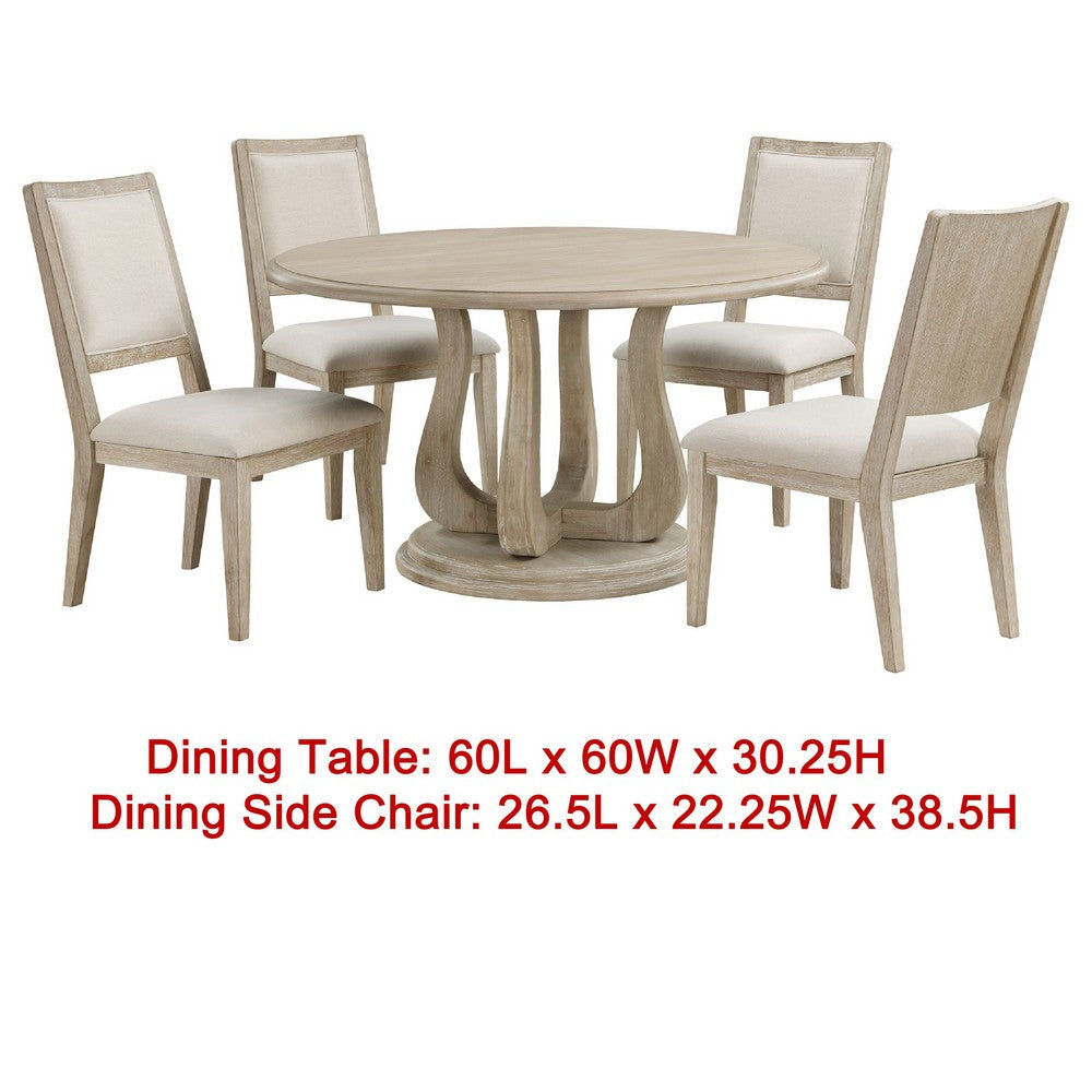 Eva 5pc Dining Table Set | White Washed Round Wood Top | Beige Chairs BM338131