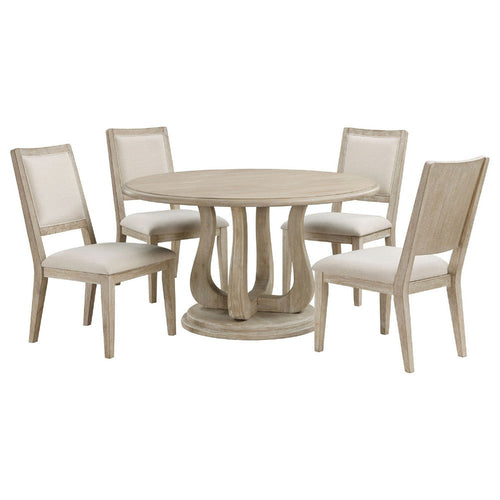 Eva 5pc Dining Table Set | White Washed Round Wood Top | Beige Chairs