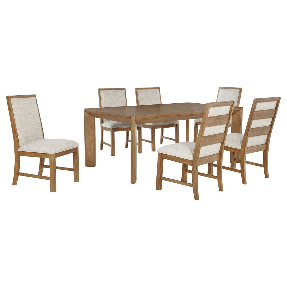 Rune 7pc Dining Table Set | Natural Brown | 6 Oatmeal Gray Chairs