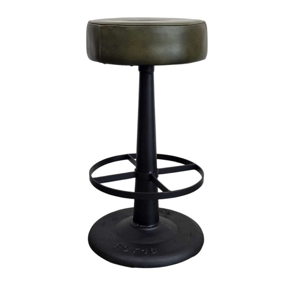 Gevy Counter Height Stool | Round Green Leather Seat with Black Iron Base