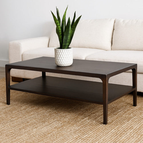 Geni Coffee Table | 48" Rectangular Top w Shelf | Parsons Style Gray