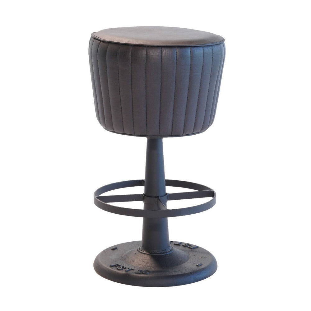 Myra Mushroom Counter Stool | Black Ribbed Leather | Dark Gray Iron Base BM338210