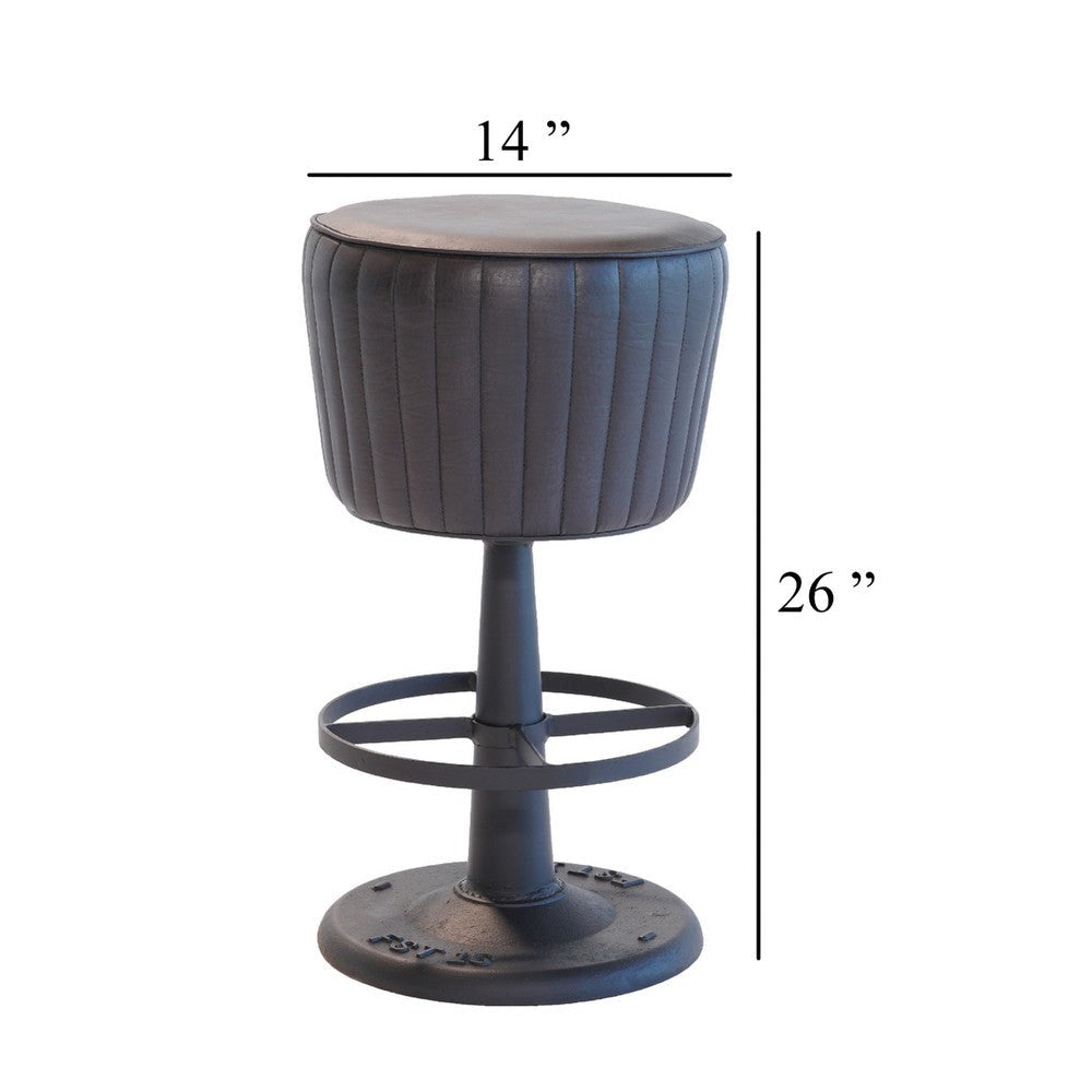 Myra Mushroom Counter Stool | Black Ribbed Leather | Dark Gray Iron Base BM338210