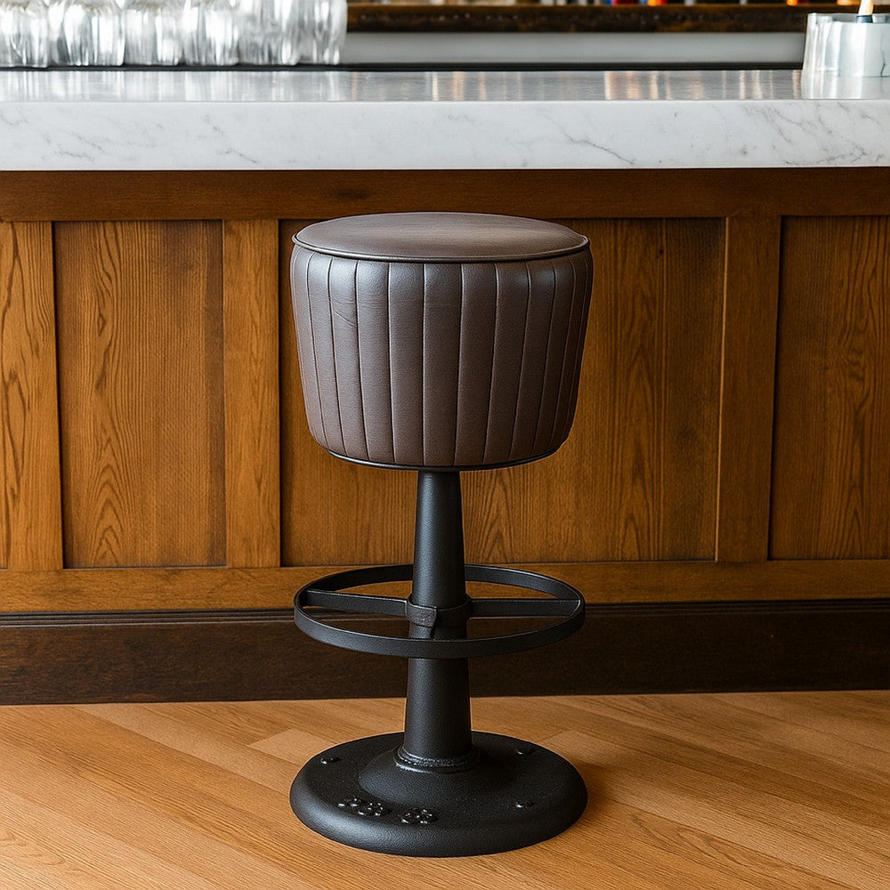 Myra Mushroom Counter Stool | Black Ribbed Leather | Dark Gray Iron Base