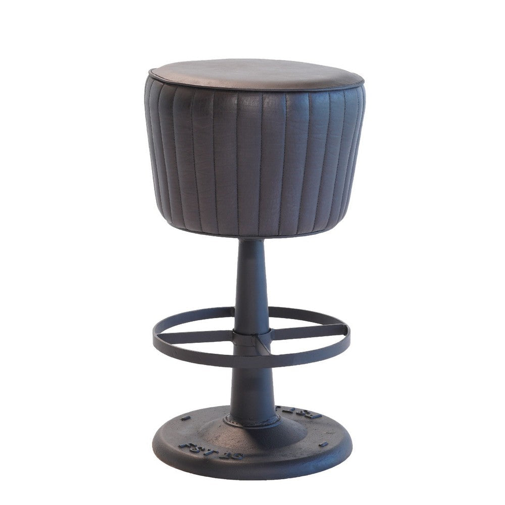 Myra Mushroom Counter Stool | Black Ribbed Leather | Dark Gray Iron Base