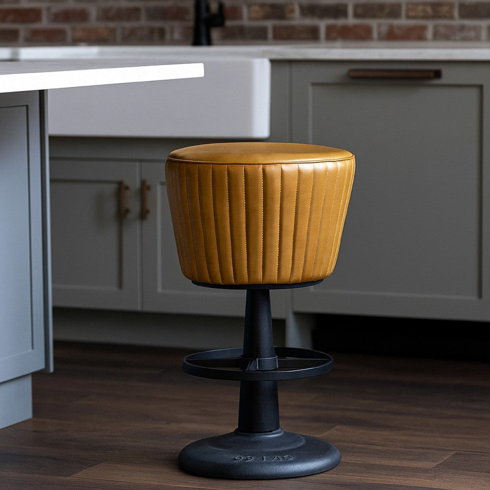 Myra Mushroom Counter Stool | Brown Ribbed Leather | Dark Gray Iron Base