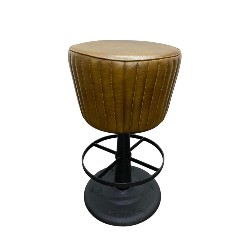 Myra Mushroom Counter Stool | Brown Ribbed Leather | Dark Gray Iron Base